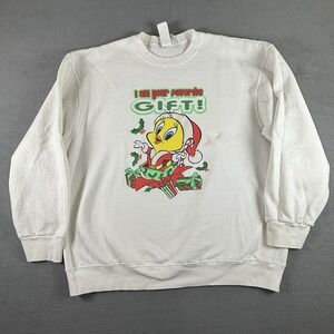 VINTAGE 90s Looney Tunes Sweatshirt Mens XL White Tweety Bird FREEZE Christmas *
